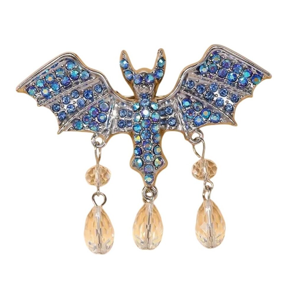 Blue Iridescent Crystal Bat Brooch Halloween Silver Tone